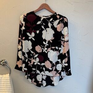 Vince Camuto Black Floral Blouse with White and Pink Accents